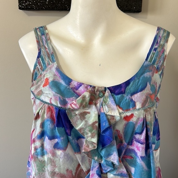 Anthropologie Postmark Tank Silk Watercolor Top Ruffle Blue Purple Sz 4 - Picture 2 of 11